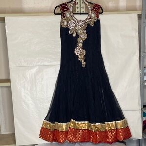 Black Maxi Dress with Red & Gold Embellished Neckline
